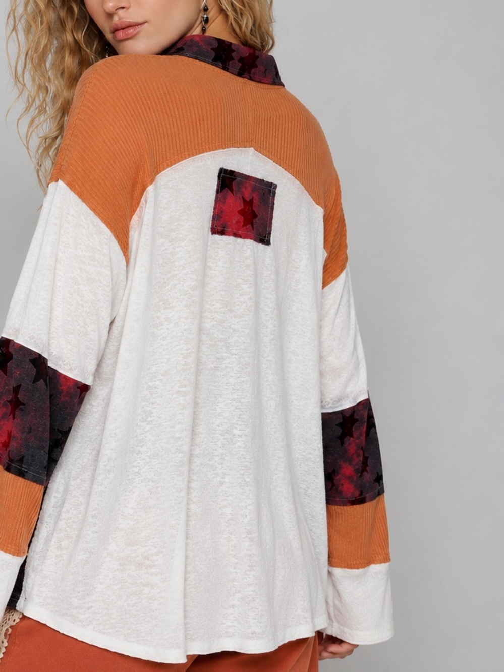 New POL Boho Patchwork Oversized VNeck Long Sleeve Top Women Small Stars Tie Dye
